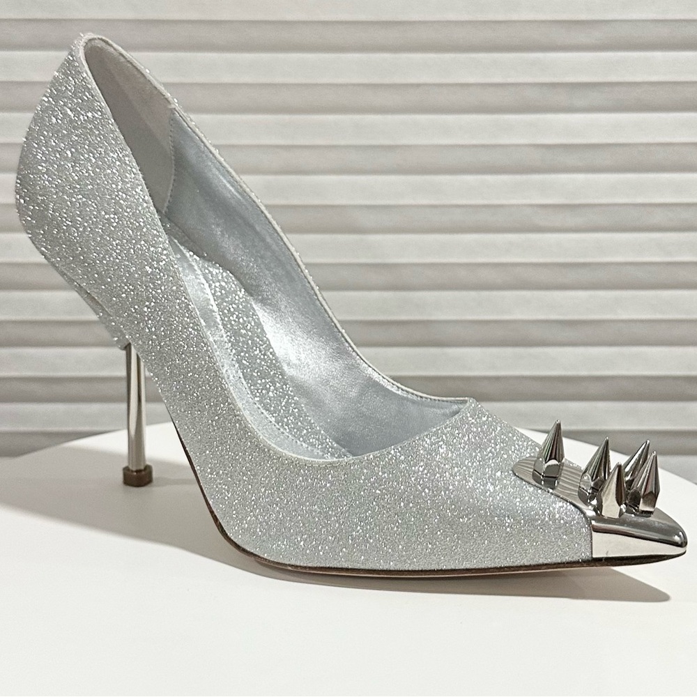 🌹ALEXANDER MCQUEEN🌹 Silver 110 Stud-Detail Punk Spike Glitter Stiletto  Size: 37 - Picture 2 of 9